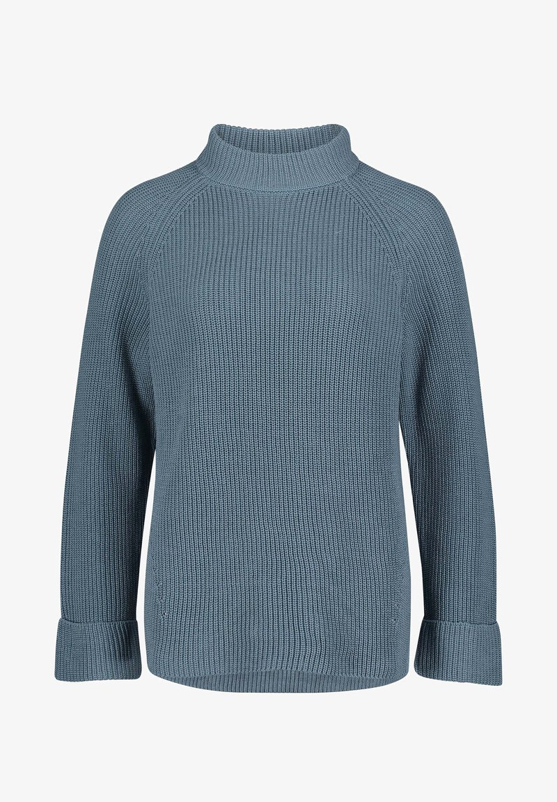Pull tricoté bleu avec un col montant, manches raglan et texture côtelée. Dispose de poignets pliés et d'une coupe décontractée.