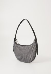 Black and silver beaded shoulder bag with a curved shape, smooth leather strap, and a zippered closure. Features chain accents on the side.