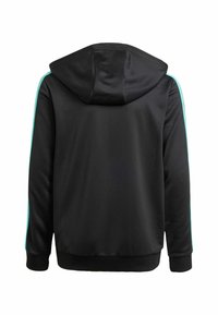 Felpa nera con cappuccio realizzata in un tessuto texturizzato, dotata di cappuccio e bande laterali turchesi, con orlo e polsini a coste.