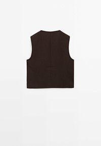 Bruine mouwloze vest, op maat gemaakt ontwerp, rechte zoom en textuurstof, met subtiele naaddetails aan de achterkant.