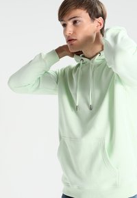 Helles grünes Kapuzenpullover mit verstellbarem Kapuzenzug, vordere Kängurutasche und gerippten Bündchen. Weiche Textur und lässiges Design.