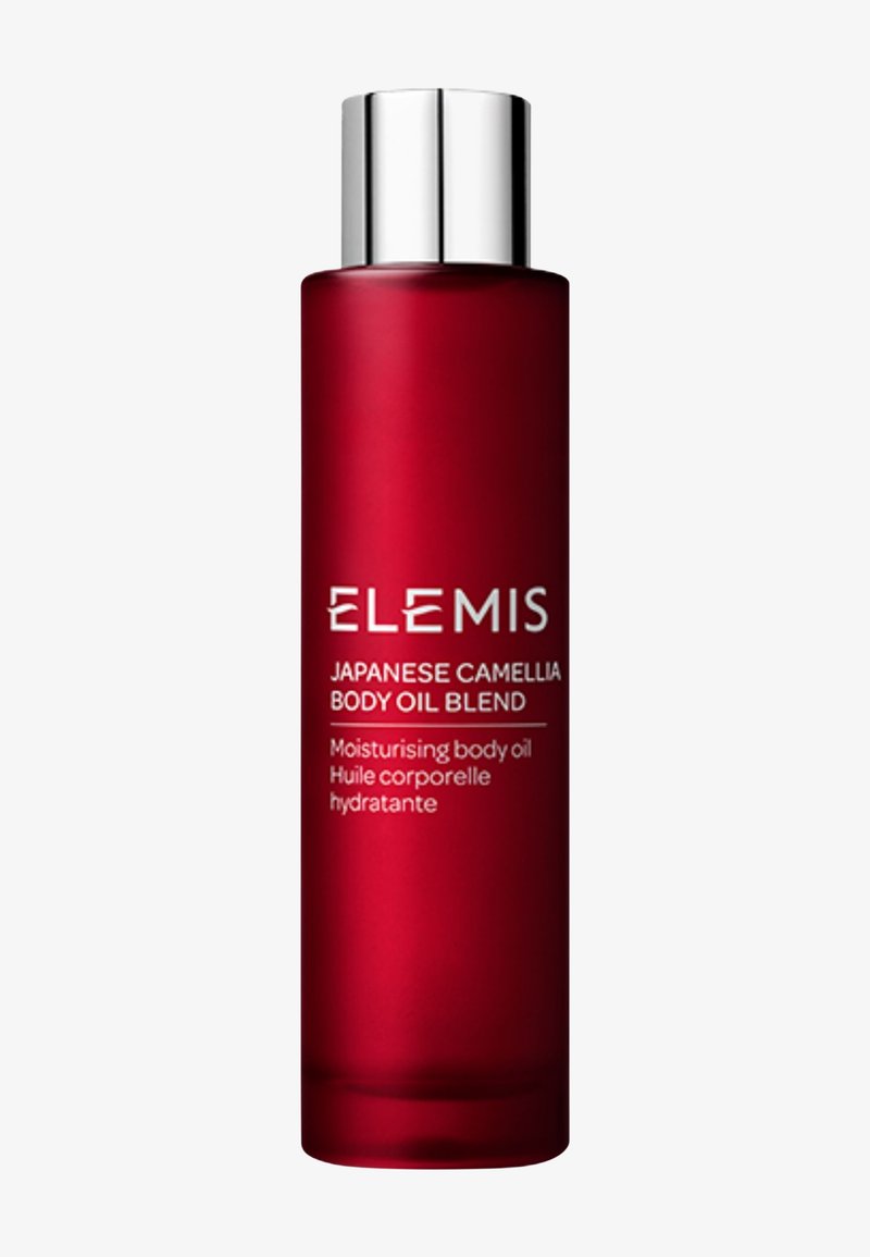 Rød cylindrisk flaske med sølv låg mærket Elemis Japanese Camellia Body Oil Blend fugtgivende kropsolie.