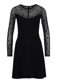 Czarna sukienka z dopasowanym topem i rozszerzanym dołem. Długie, przezroczyste rękawy z wzorem gwiazd i detalem w formie łezki na plecach. Gładka tekstura.