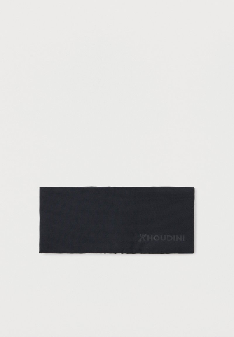 Czarna prostokątna opaska materiałowa z subtelnym logo "HOUDINI" z jednej strony, umieszczona na płasko na białym tle.