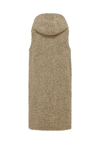 Gilet senza maniche beige con cappuccio, dalla superficie testurizzata e soffice. Design semplice e dritto, senza chiusure o dettagli visibili.