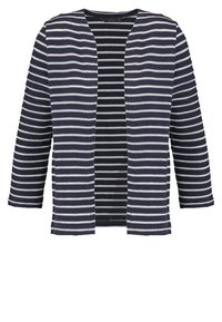 Striped cardigan in navy and white. Soft fabric, open front design, three-quarter sleeves, and a relaxed fit with horizontal stripes.