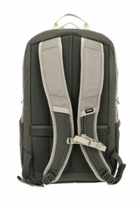 Zaino Thule con un design verde scuro e grigio, schienale in rete traspirante, spallacci imbottiti e regolabili, e una maniglia superiore per un facile trasporto.