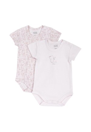 Zwei kurzärmelige Babybodys, eines blassrosa mit kleinem Tiermotiv, das andere mit durchgehendem floralen Muster in Hellrosa.
