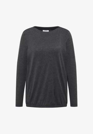 Dunkelgraues Langarmshirt aus weichem Stoff. Es hat einen runden Halsausschnitt und eine lockere Passform mit einer leichten Raffung am Saum.