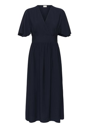 Robe midi bleu marine avec col en V, manches courtes volantées, taille ajustée et jupe froncée sur fond blanc.