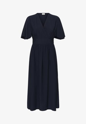 Robe midi bleu marine avec col en V, manches courtes volantées, taille ajustée et jupe froncée sur fond blanc.