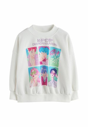 Weißes Sweatshirt mit bunten Cartoon-Porträts von sechs Charakteren und dem Text K-POP Demon Hunters und Girl Boys.