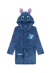 Navy blue fleece bathrobe featuring a hood with embroidered Stitch face, bunny ears, front pockets, and tie belt. "Stitch" logo on lower front.