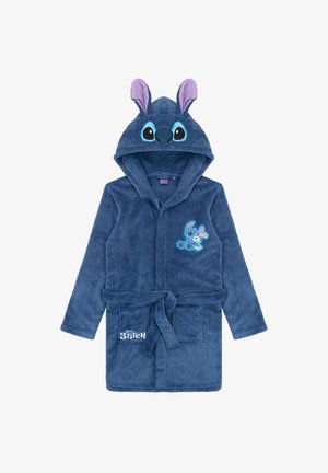Dunkelblauer Fleece-Bademantel mit Kapuze, bestickt mit dem Gesicht von Stitch, Hasenohren, vorderen Taschen und Bindegürtel. "Stitch"-Logo an der unteren Vorderseite.