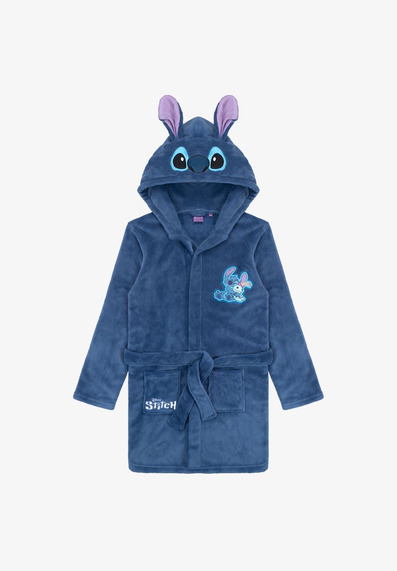 Navy blue fleece bathrobe featuring a hood with embroidered Stitch face, bunny ears, front pockets, and tie belt. "Stitch" logo on lower front.