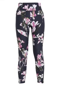 Legíny s květinovým potiskem s námořnickým pozadím, růžovými a bílými květinami, vysokým páskem a měkkou, elastickou tkaninou.