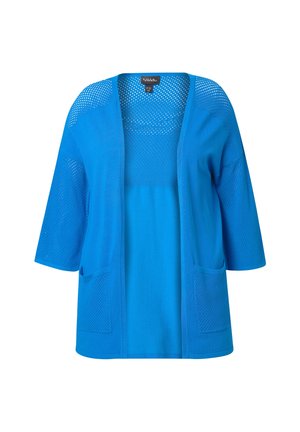 Blauwe cardigan met een mesh ontwerp, korte mouwen, open voorkant en twee voorzakken. Glad materiaal en lichte stof.