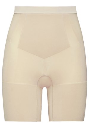 Beige shapewear shorts met een hoge taille, een gladde textuur en verstevigde naden. Heeft een open kruis voor gemak en comfort.