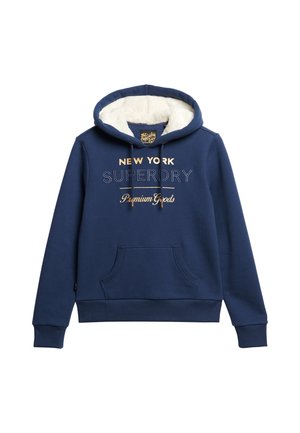 Marineblauwe hoodie met een zachte crèmekleurige voering, voorzak, trekkoorden en geborduurde tekst "NEW YORK SUPERDRY Premium Goods."