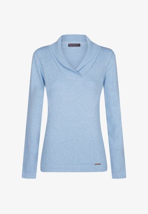 Hellblaues Langarm-Sweatshirt mit Schalkragen, gerippter Textur und einem kleinen Logo-Detail am Saum. Weiches Strickmaterial.