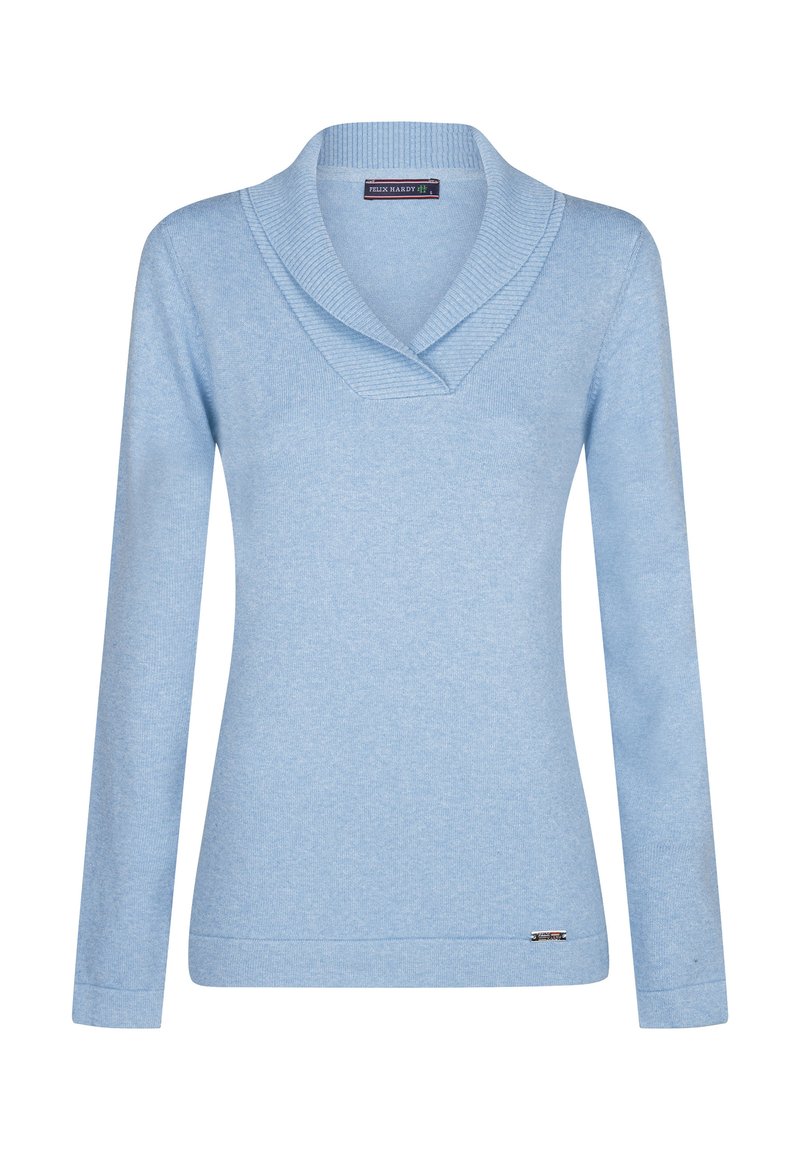 Maglione a maniche lunghe di colore azzurro chiaro con colletto sciallato, texture a coste e un piccolo dettaglio con logo sull'orlo. Tessuto in maglia morbida.