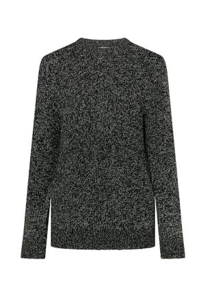 Fekete és szürke textúrájú kötött pulóver kerek nyakkal, hosszú ujjakkal és oldalsó hasítékokkal az alján. Hétköznapi dizájn, amely alkalmas rétegezésre.