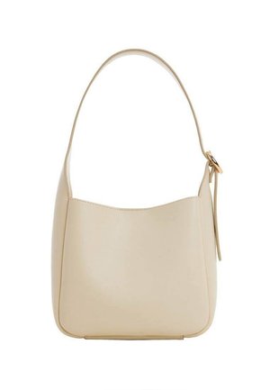 Beżowa skórzana torba na ramię z pojedynczym paskiem i złotym detalem w postaci klamry po boku, minimalistyczny design.