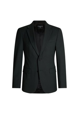 Blazer vert foncé en tissu lisse, avec une fermeture à un bouton, des revers crantés et deux poches avant. Intérieur doublé.