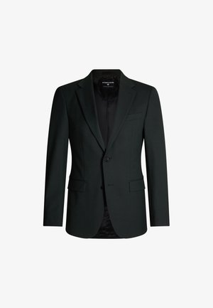 Dark green blazer made of a smooth fabric, featuring a single button closure, notched lapels, and two front pockets. Lined interior.