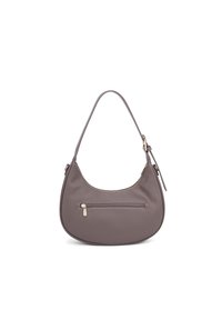 Gray synthetic leather shoulder bag with a curved design, single strap, and a front zipper pocket. Smooth texture, minimal hardware accents.