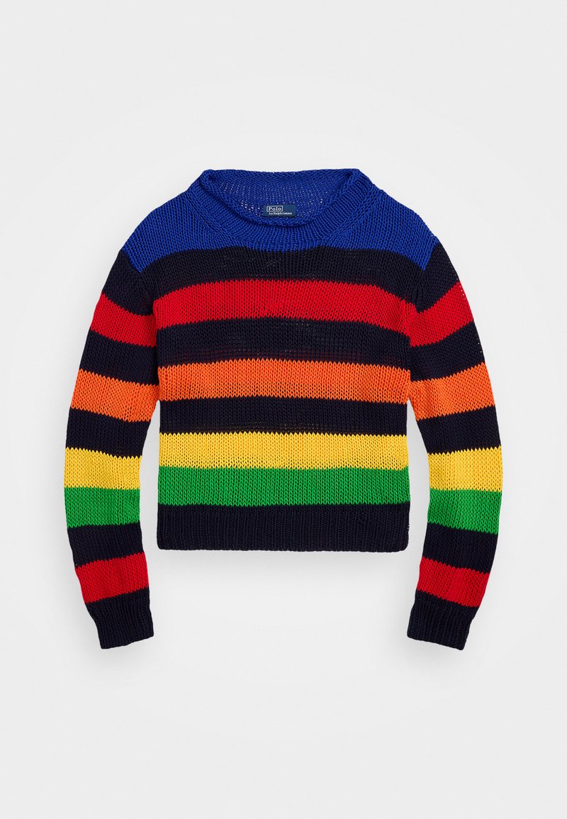 Stickad tröja med bred rundhals, med horisontella ränder i blått, rött, orange, gult, grönt och svart. Kort, ribbad ärmar.