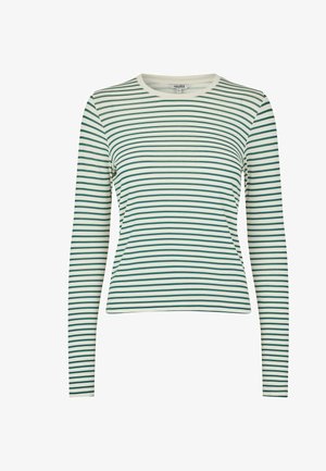 Dlhý rukáv pruhovaný top vo svetlej smotanej farbe s tmavozelenými vodorovnými pruhmi, s okrúhlym výstrihom a priliehavým strihom. Mäkka textúra látky.