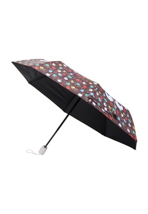 Kompaktowy czarny parasol z kolorowym wzorem ptaków i liter na czaszy oraz białą zakrzywioną rączką z paskiem na nadgarstek.