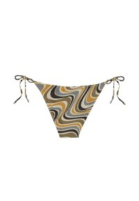Bañador tipo bikini con un patrón ondulado en beige, marrón y mostaza. Cuerdas a los lados, hechas de un material texturizado.