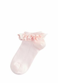 Calzino rosa alla caviglia con un bordo di pizzo arricciato nella parte superiore. Realizzato in tessuto morbido, presenta una texture liscia e un design a tinta unita.