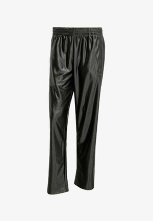 Black, shiny athletic pants made from a smooth, synthetic material. Features an elastic waistband and side zip pockets. Relaxed fit.