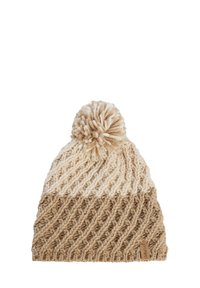 Knit beanie in light beige and brown hues. Features a textured rib pattern, a fluffy pom-pom on top, and a small branded tag.