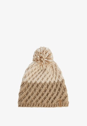 Strickmütze in hellbeigen und braunen Farbtönen. Verfügt über ein strukturiertes Rippmuster, einen flauschigen Pompon oben und ein kleines Markenetikett.