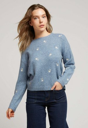 Pull en tricot bleu clair à manches longues, orné de fleurs blanches brodées. Texture douce et coupe décontractée, associé à un jean foncé.