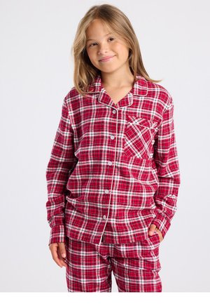 Red and white checkered flannel pajama set with long sleeves, button-up front, and chest pocket. Features white piping along edges.