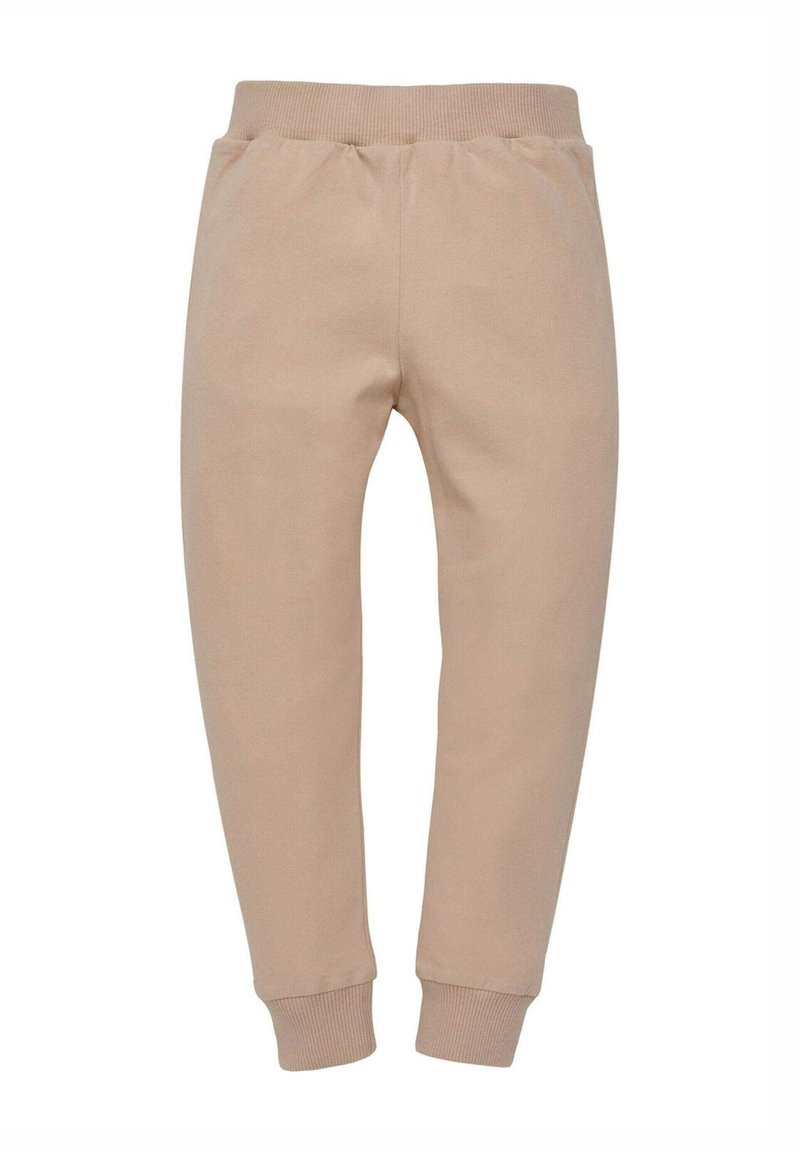 Pantaloni della felpa beige con una texture morbida, gambe affusolate e vita e polsini a costine per una vestibilità comoda. Senza tasche o dettagli aggiuntivi.