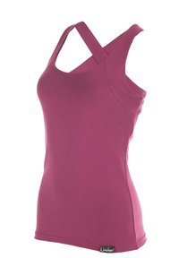 Bezrukávový top v nádhernej mauve farbe, so zaujímavým dizajnom prekrížených ramienok a hladkým materiálom s jemným leskom. Nášivka loga umiestnená blízko lemovania.