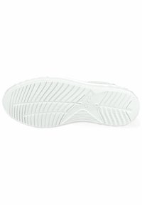 Suela de zapatilla deportiva blanca con un patrón de banda de rodadura texturizada. Presenta surcos y crestas para mayor tracción, con un acabado liso y limpio.