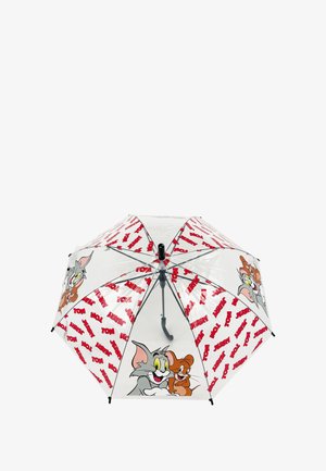 Transparente Regenschirm mit Tom und Jerry Charakteren, auf einem weißen Hintergrund bedruckt mit rotem Text „TOM“ und „JERRY“ sowie schwarzen Akzenten.