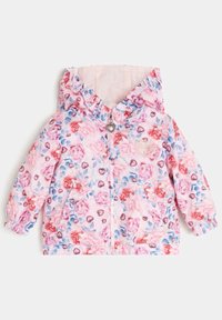 Różowa kurtka w kwiatowy wzór z kapturem, z zapięciem na zamek, elastycznymi mankietami oraz akcentem w kształcie serca. Wyścielona od środka polarem.
