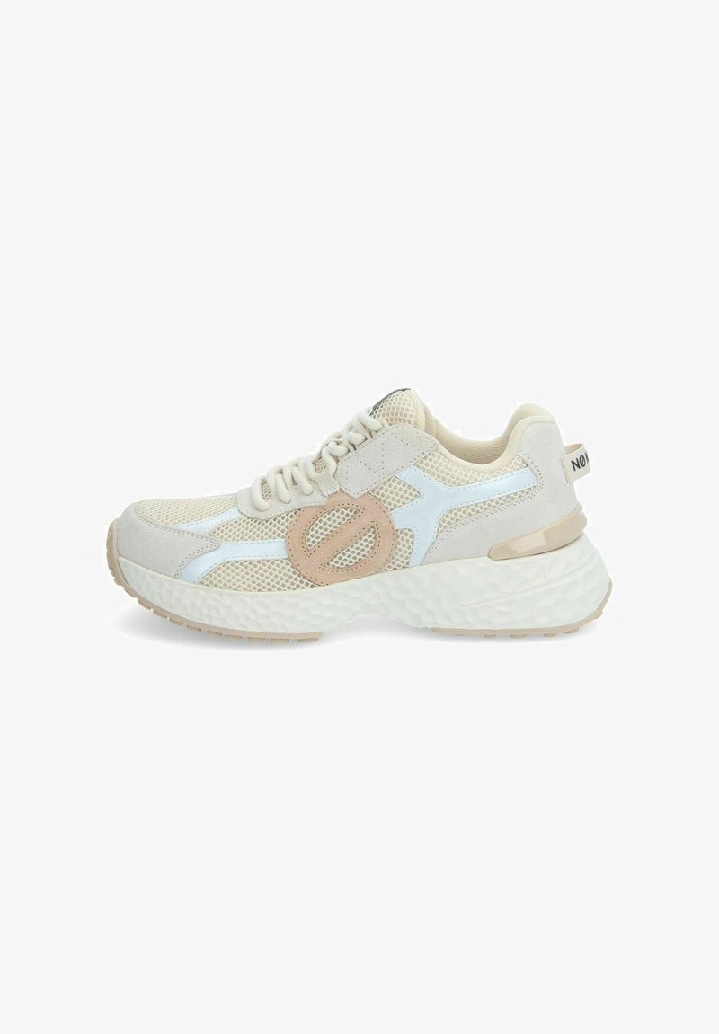 Lightweight sneaker in beige with mesh and suede materials. Features white and light pink accents, a textured sole, and a prominent logo detail.