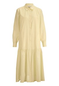 Sukienka z lnu w jasnożółtym kolorze, z długimi rękawami, kołnierzykiem i warstwowym fasonem, z marszczonym wykończeniem w talii.