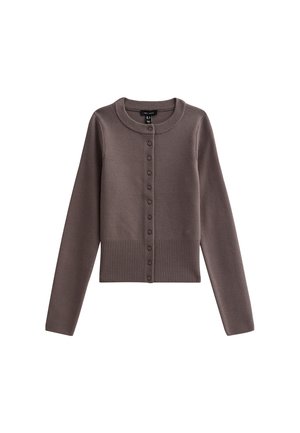 Cardigan en tricot marron avec un col rond, des manches longues et une fermeture à boutons à l'avant. Dispose d'un ourlet et de poignets côtelés pour un look ajusté.