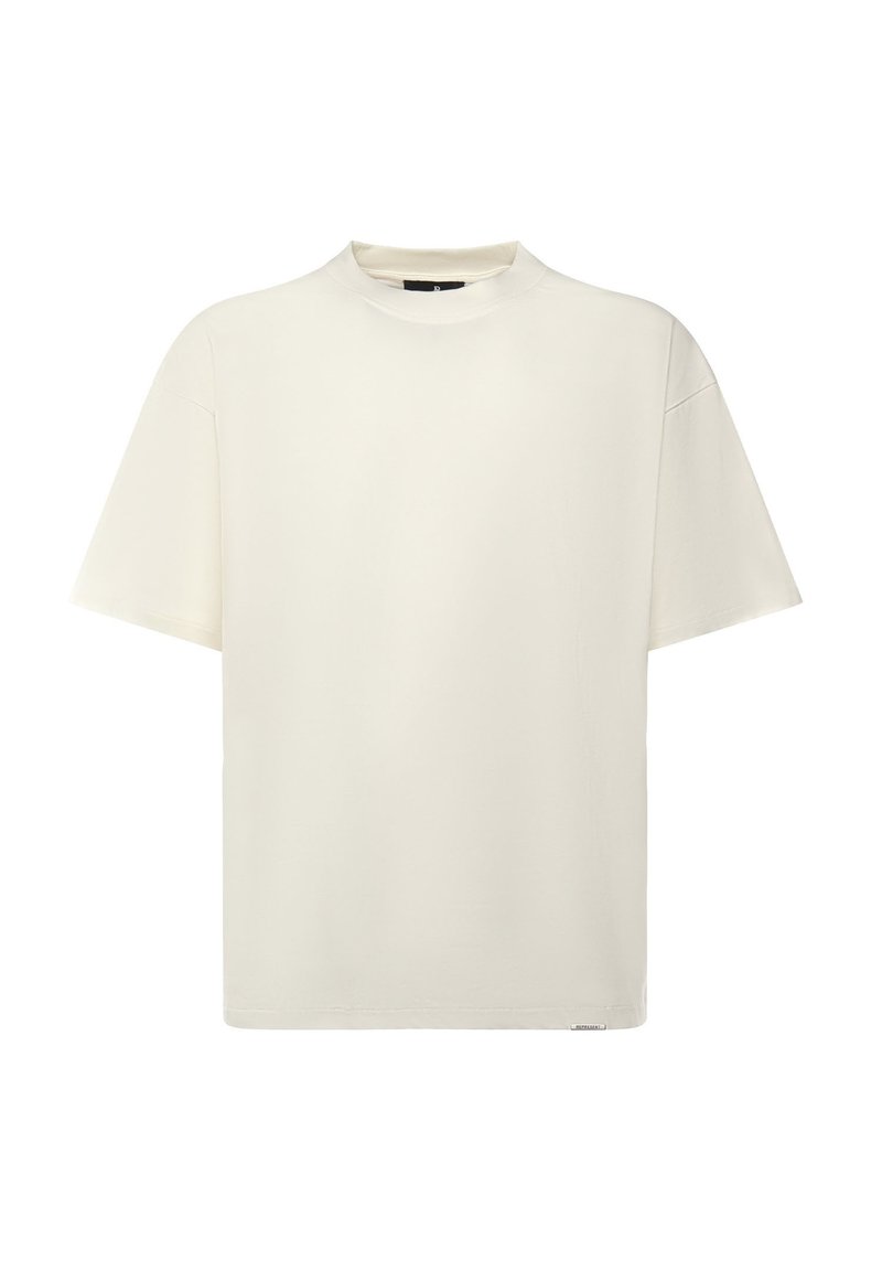 Korte mouwen, T-shirt met ronde hals van off-white katoen. Heeft een ontspannen pasvorm en een gladde textuur. Eenvoudig ontwerp zonder zichtbare patronen of accenten.