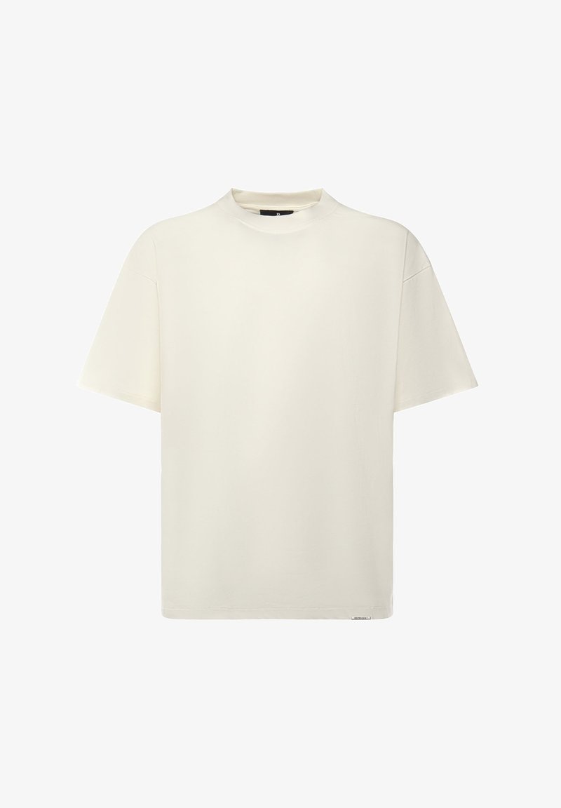 Korte mouwen, T-shirt met ronde hals van off-white katoen. Heeft een ontspannen pasvorm en een gladde textuur. Eenvoudig ontwerp zonder zichtbare patronen of accenten.